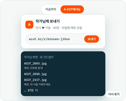 고른 사진의 파일명과 메모를 링크 하나로 작가님께 보내는 화면 예시